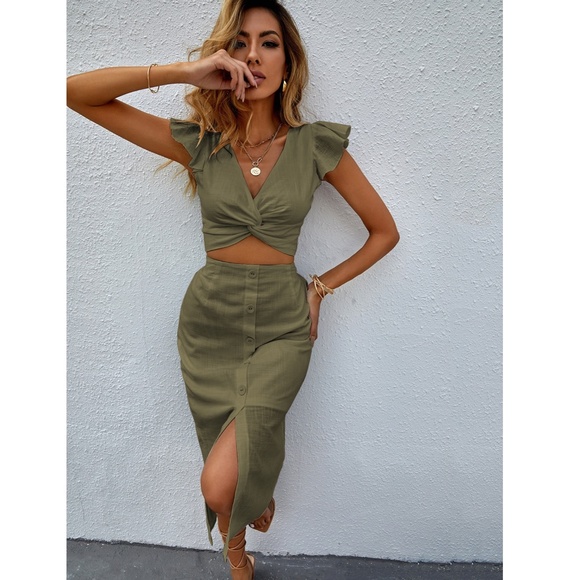 Army Green 2 Piece Outfit: Crop Top And Midi Skirt - Picture 4 of 9